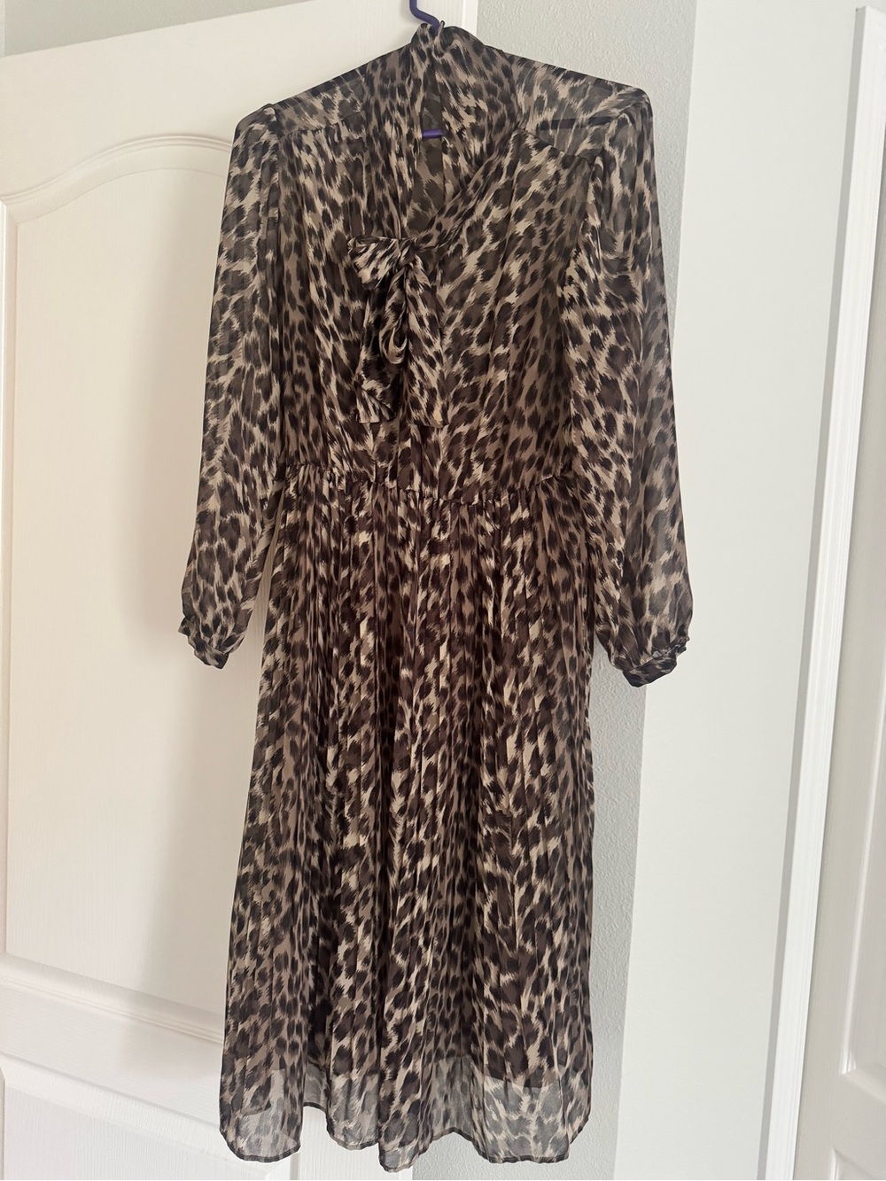 Leopard Print Midi Dress with Tie Neck